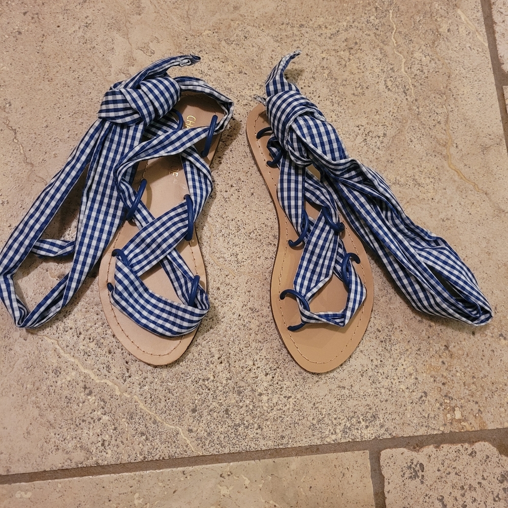Chase + Chloe Flat Lace Up Sandals Blue Gingham